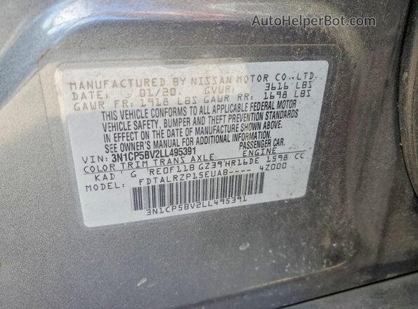 3N1CP5BV2LL495391 2020 NISSAN KICKS Gray VIN կոդի պիտակի տեսք