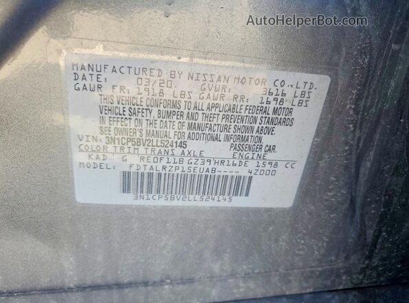 3N1CP5BV2LL524145 2020 NISSAN KICKS Charcoal Vista de la etiqueta del VIN