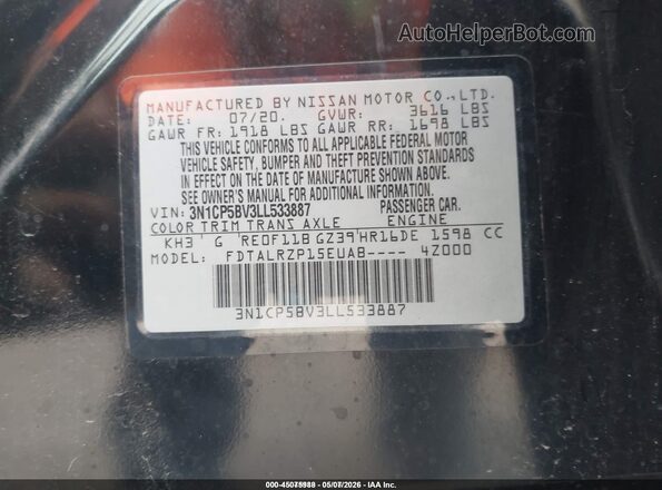 3N1CP5BV3LL533887 2020 NISSAN KICKS Black Вид підкапотного простору