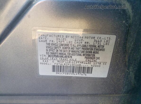 3N1CP5BV4ML497676 2021 NISSAN KICKS Серый Вид наклейки с VIN-кодом