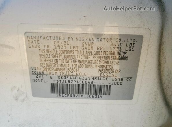 3N1CP5BV5ML506014 2021 NISSAN KICKS Белый Вид наклейки с VIN-кодом