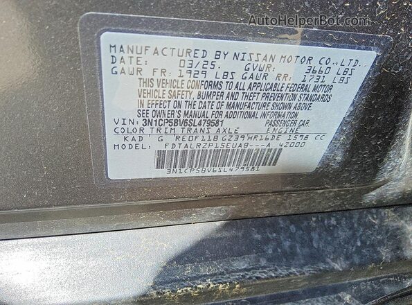 3N1CP5BV6SL479581 2025 NISSAN KICKS Серый Вид наклейки с VIN-кодом