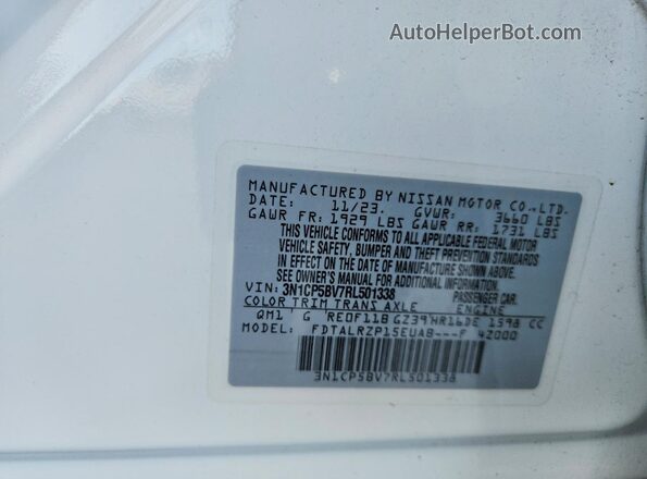 3N1CP5BV7RL501338 2024 NISSAN KICKS White Вид наклейки з VIN-кодом