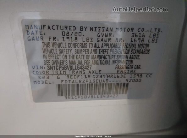 3N1CP5BV8LL543427 2020 NISSAN KICKS Silver Вид підкапотного простору