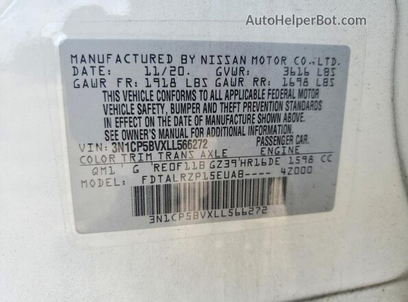 3N1CP5BVXLL566272 2020 NISSAN KICKS White VIN კოდის სტიკერის ხედი