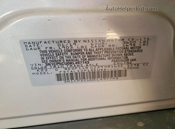3N1CP5CU0KL497743 2019 NISSAN KICKS Silver Vista de la etiqueta del VIN