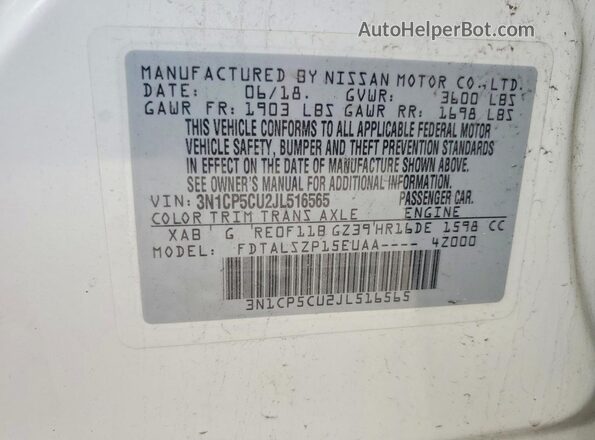 3N1CP5CU2JL516565 2018 NISSAN KICKS Белый Вид наклейки с VIN-кодом