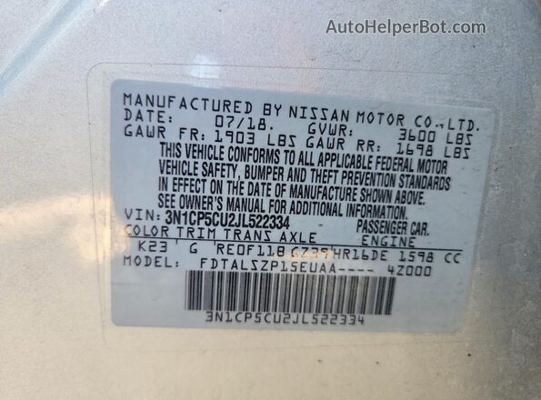 3N1CP5CU2JL522334 2018 NISSAN KICKS Silver Widok naklejki z numerem VIN