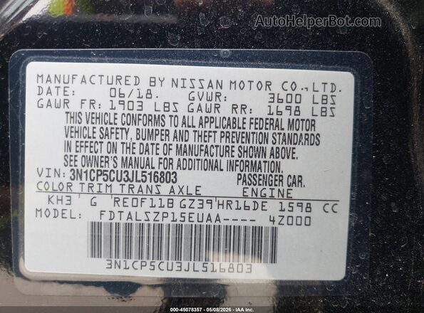 3N1CP5CU3JL516803 2018 NISSAN KICKS Black Widok komory silnika