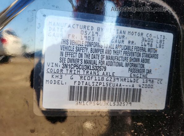 3N1CP5CU3KL532579 2019 NISSAN KICKS Черный Вид наклейки с VIN-кодом