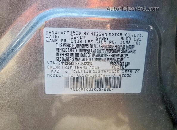3N1CP5CU3KL542304 2019 NISSAN KICKS Gray Вид підкапотного простору