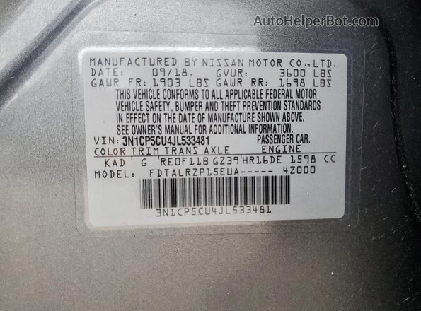 3N1CP5CU4JL533481 2018 NISSAN KICKS Gray Vista interior de 360 grados