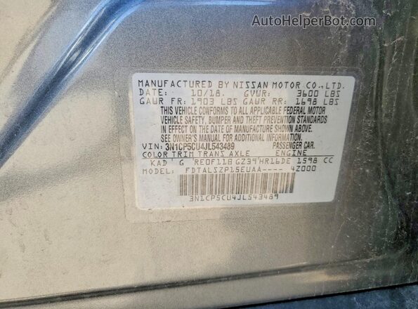 3N1CP5CU4JL543489 2018 NISSAN KICKS Gray VIN კოდის სტიკერის ხედი