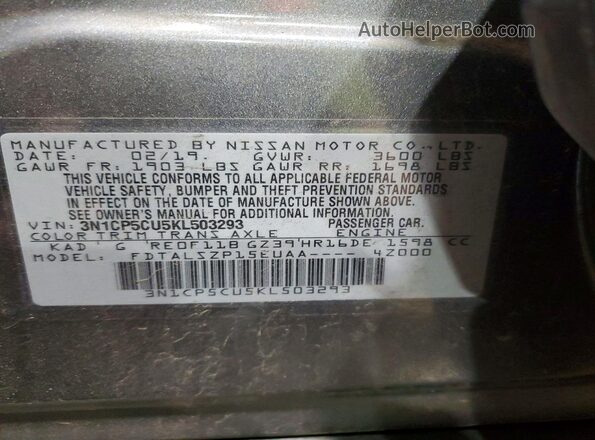 3N1CP5CU5KL503293 2019 NISSAN KICKS Gray Vista de la etiqueta del VIN