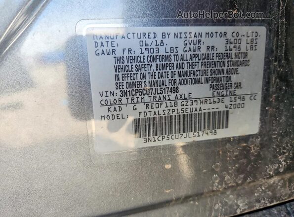 3N1CP5CU7JL517498 2018 NISSAN KICKS Gray Vista de la etiqueta del VIN