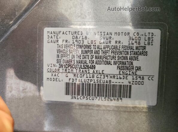 3N1CP5CU7JL526489 2018 NISSAN KICKS Gray Widok naklejki z numerem VIN