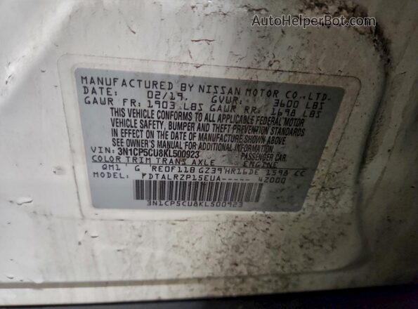 3N1CP5CU8KL500923 2019 NISSAN KICKS Белый Вид наклейки с VIN-кодом