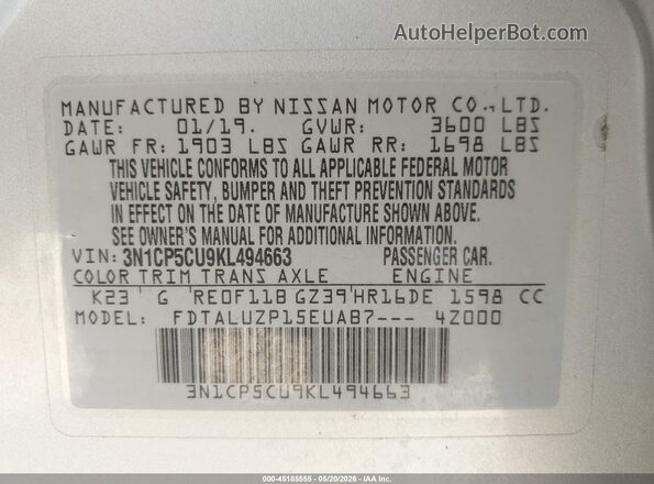 3N1CP5CU9KL494663 2019 NISSAN KICKS Silver Widok komory silnika