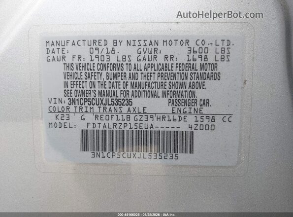 3N1CP5CUXJL535235 2018 NISSAN KICKS Silver Engine compartment view