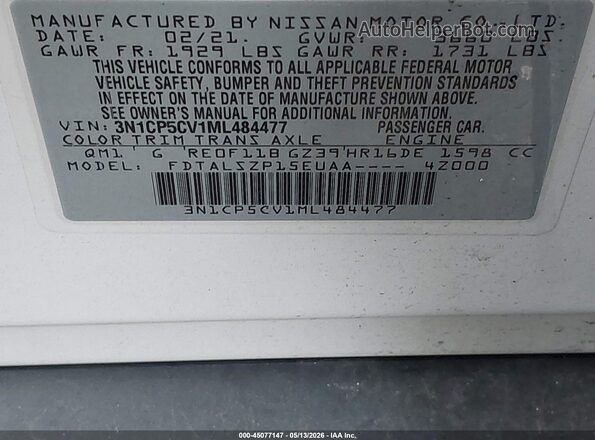 3N1CP5CV1ML484477 2021 NISSAN KICKS White Engine compartment view