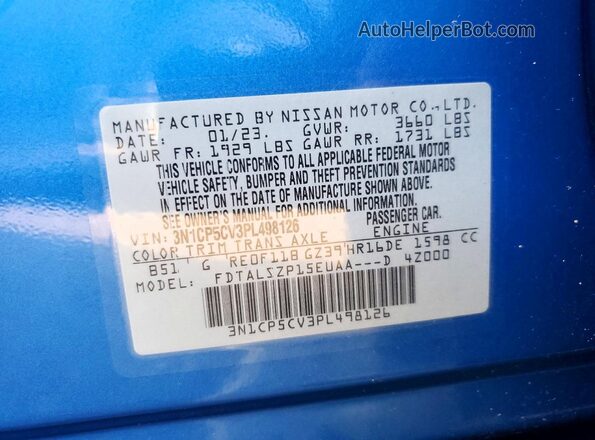 3N1CP5CV3PL498126 2023 NISSAN KICKS Blue Vista de la etiqueta del VIN