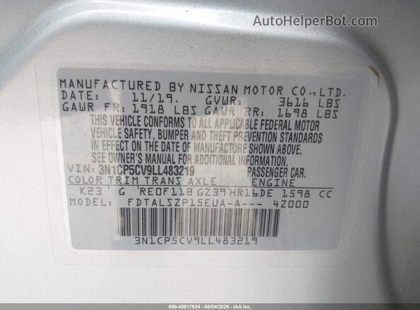 3N1CP5CV9LL483219 2020 NISSAN KICKS Silver Vista del compartimento del motor