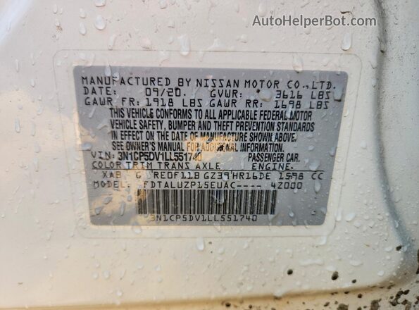 3N1CP5DV1LL551740 2020 NISSAN KICKS Белый Вид наклейки с VIN-кодом