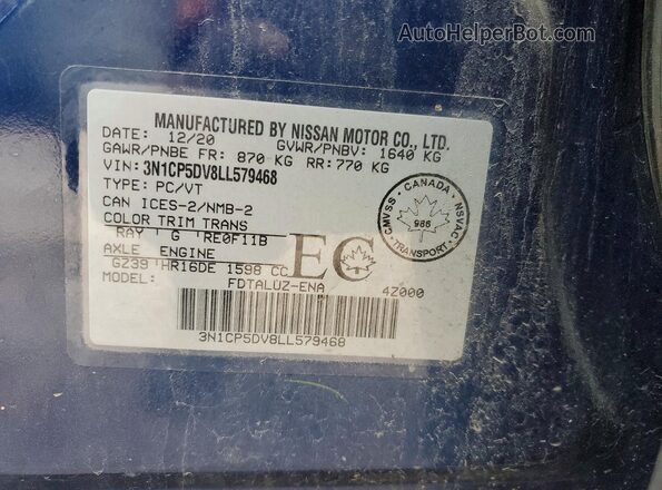 3N1CP5DV8LL579468 2020 NISSAN KICKS Blue Vista de la etiqueta del VIN