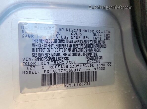 3N1CP5DV9LL528738 2020 NISSAN KICKS Белый Вид наклейки с VIN-кодом
