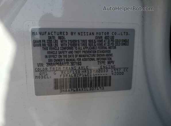 3N8AP6BAXSL307193 2025 NISSAN KICKS White Vista de la etiqueta del VIN