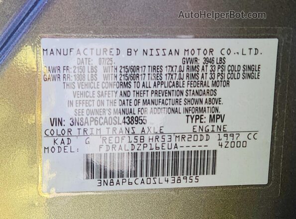 3N8AP6CA0SL438955 2025 NISSAN KICKS Gray Vista de la etiqueta del VIN