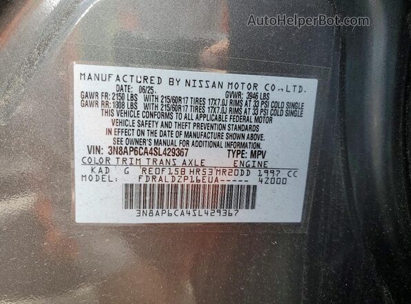 3N8AP6CA4SL429367 2025 NISSAN KICKS Gray VIN կոդի պիտակի տեսք