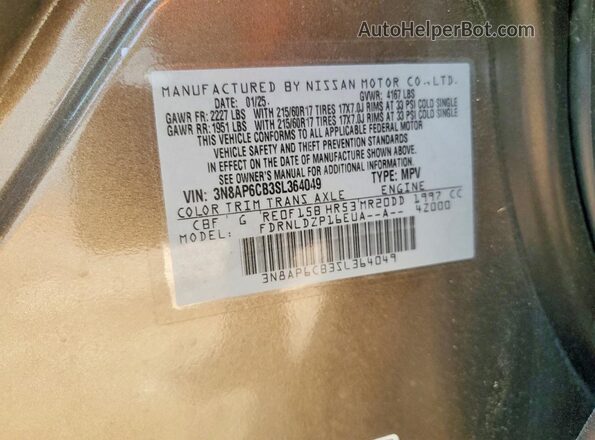 3N8AP6CB3SL364049 2025 NISSAN KICKS Brown VIN կոդի պիտակի տեսք