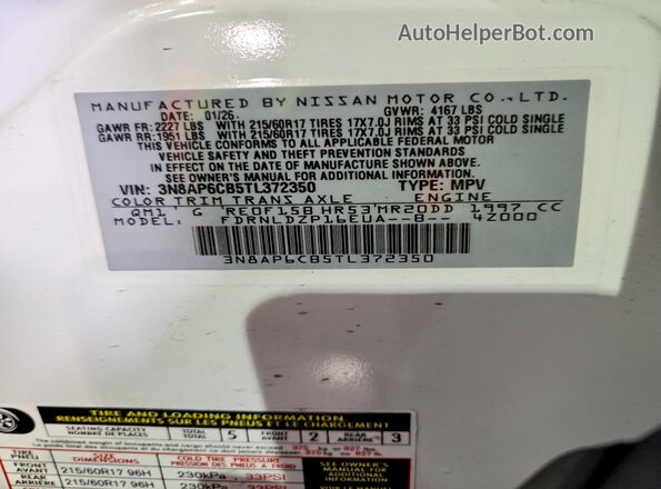 3N8AP6CB5TL372350 2026 NISSAN KICKS White Widok naklejki z numerem VIN
