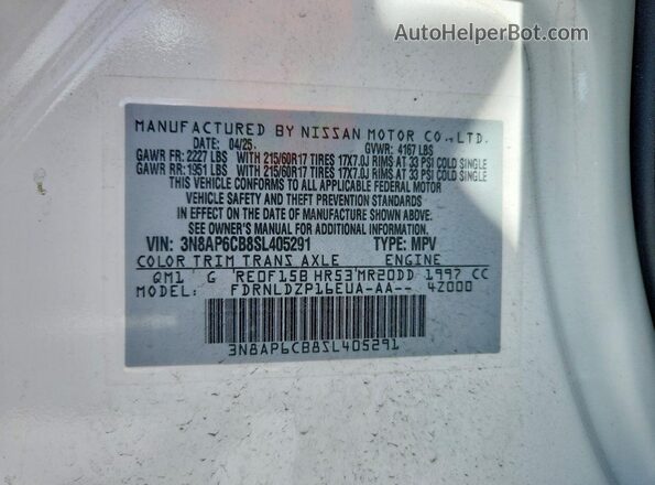 3N8AP6CB8SL405291 2025 NISSAN KICKS White VIN კოდის სტიკერის ხედი