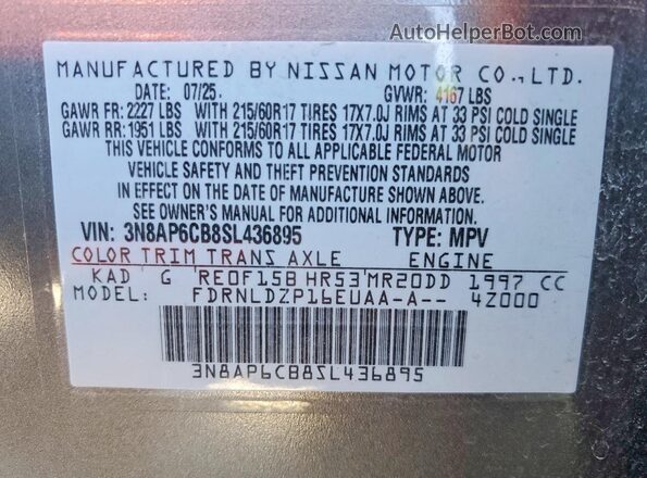 3N8AP6CB8SL436895 2025 NISSAN KICKS Gray Вид наклейки з VIN-кодом
