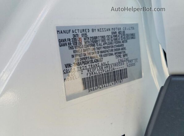 3N8AP6DA1SL439787 2025 NISSAN KICKS White Vista de la etiqueta del VIN