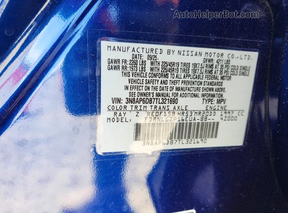 3N8AP6DB7TL321690 2026 NISSAN KICKS Blue Widok naklejki z numerem VIN