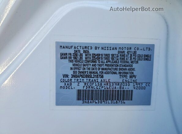 3N8AP6DB9SL318756 2025 NISSAN KICKS Белый Панорамный вид салона 360°