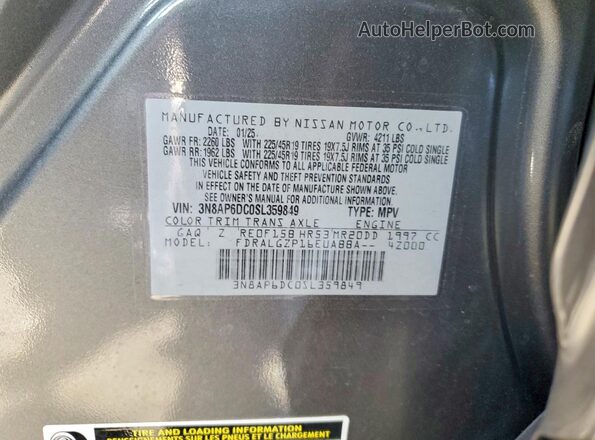 3N8AP6DC0SL359849 2025 NISSAN KICKS Gray Widok naklejki z numerem VIN