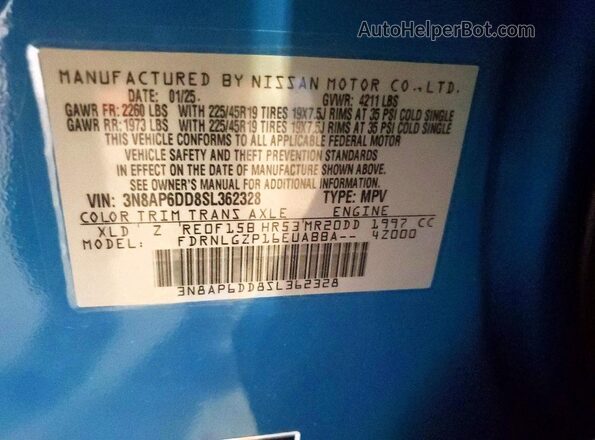 3N8AP6DD8SL362328 2025 NISSAN KICKS Blue VIN კოდის სტიკერის ხედი