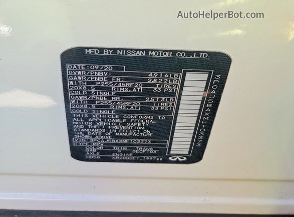 3PCAJ5BAXMF103373 2021 INFINITI QX50 White Vista de la etiqueta del VIN