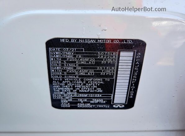 3PCAJ5J35NF101034 2022 INFINITI QX55 White Вид наклейки з VIN-кодом
