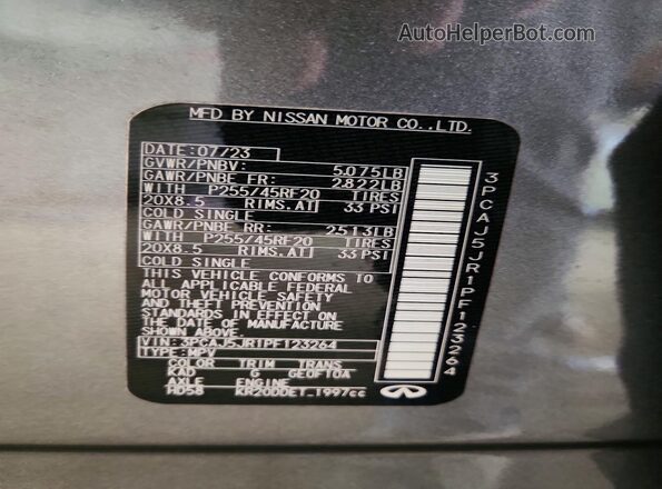 3PCAJ5JR1PF123264 2023 INFINITI QX55 Gray Vista de la etiqueta del VIN