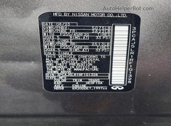 3PCAJ5LR1RF101328 2024 INFINITI QX55 Gray Widok naklejki z numerem VIN