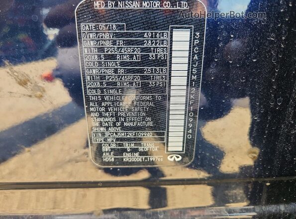 3PCAJ5M12KF109940 2019 INFINITI QX50 Blue VIN კოდის სტიკერის ხედი