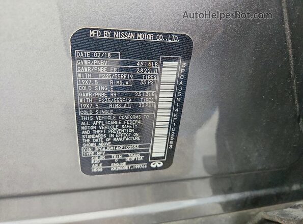 3PCAJ5M14KF102553 2019 INFINITI QX50 Charcoal Вид наклейки з VIN-кодом