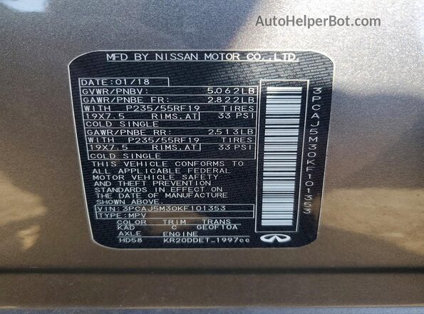 3PCAJ5M30KF101353 2019 INFINITI QX50 Серебряный Вид наклейки с VIN-кодом