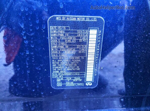 3PCAJ5M30KF111512 2019 INFINITI QX50 Black VIN კოდის სტიკერის ხედი