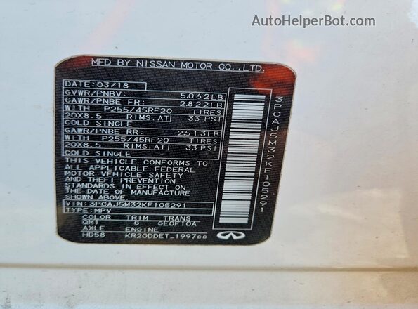 3PCAJ5M32KF105291 2019 INFINITI QX50 White Widok naklejki z numerem VIN